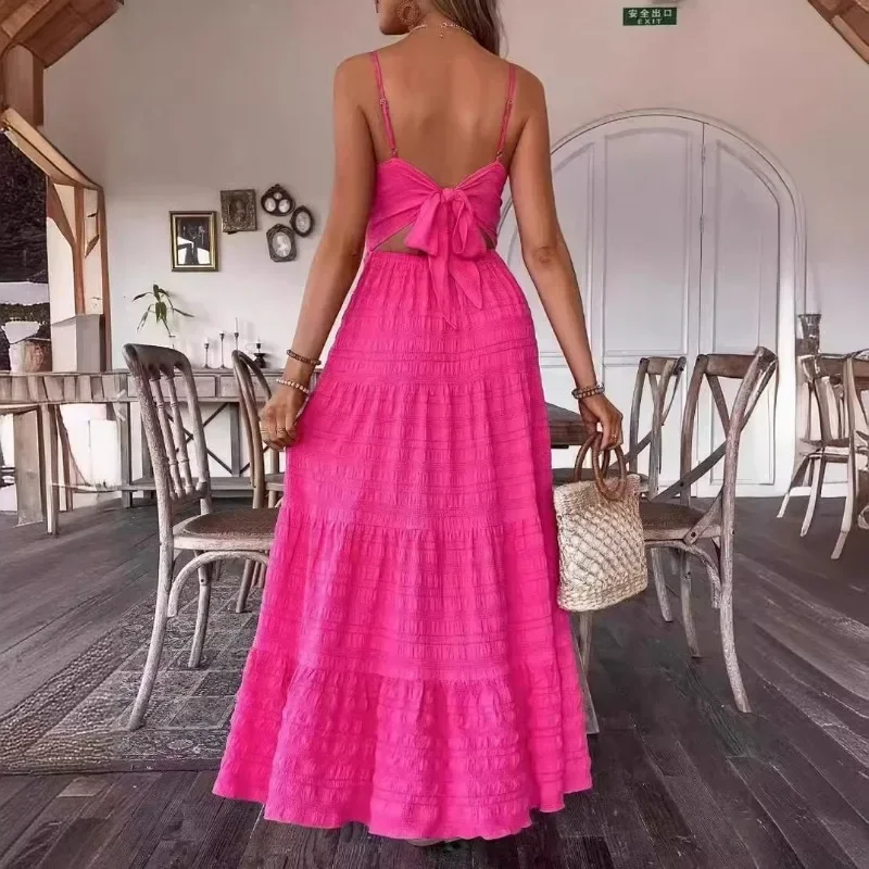 Robe longue à bretelles à dos ouvert pour femme, jupe à grand ourlet, jupe longue élégante, jupe transparente, fibre épissage, sexy, nouveau, 2024