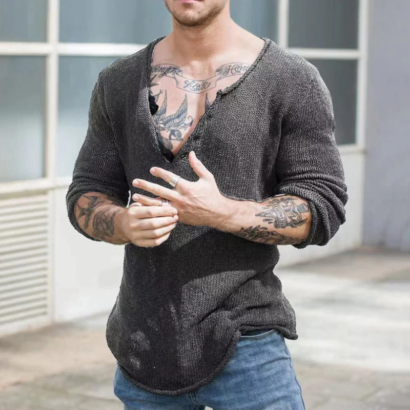 2023 Spring Long Sleeve V Neck Slim Casual Pullover Tops Men Vintage Solid Color Knitting T-shirts Mens Fashion Tees Streetwear