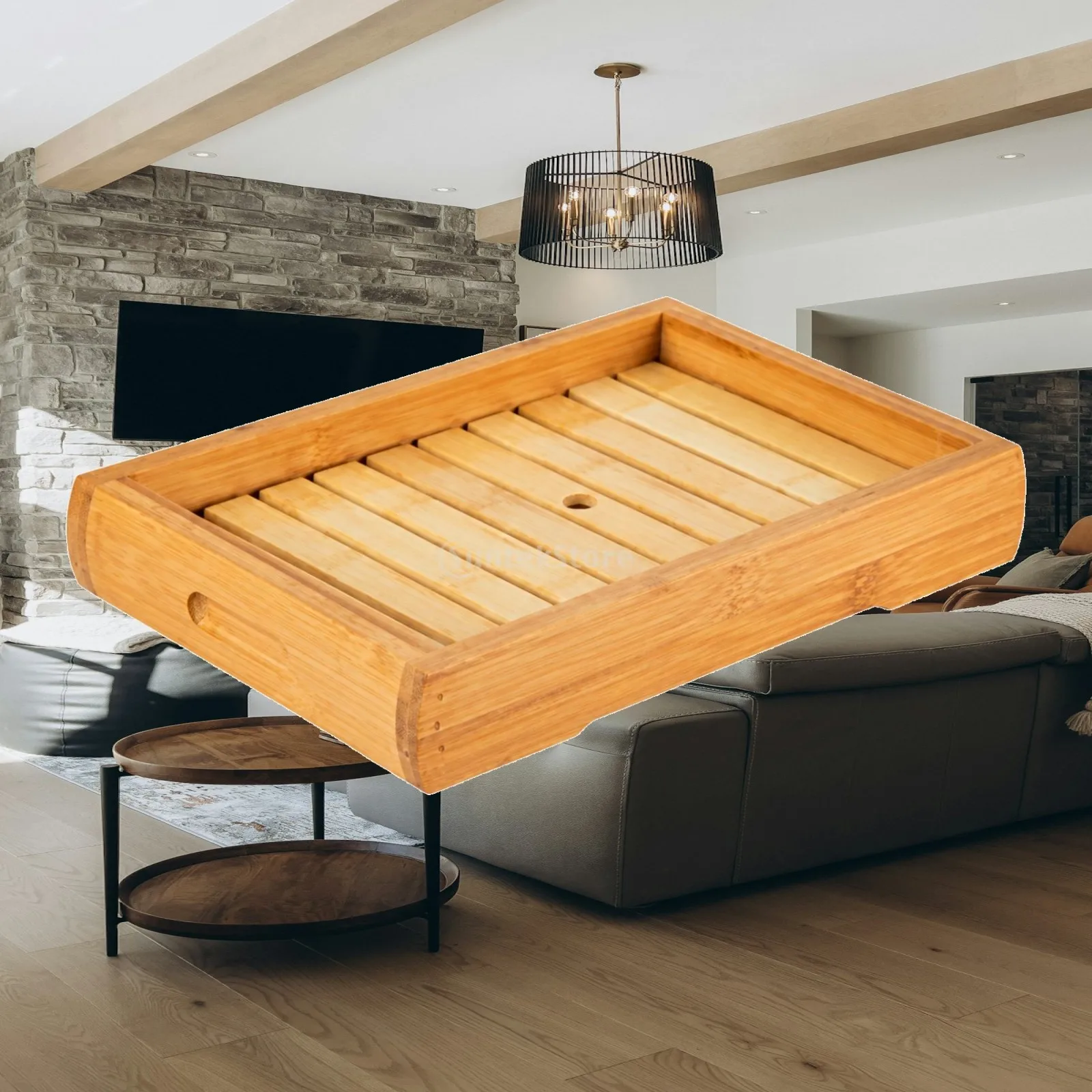 Rectangular Bamboo Sashimi Board Serving Tray with Side Handholds for Seafood Presentation