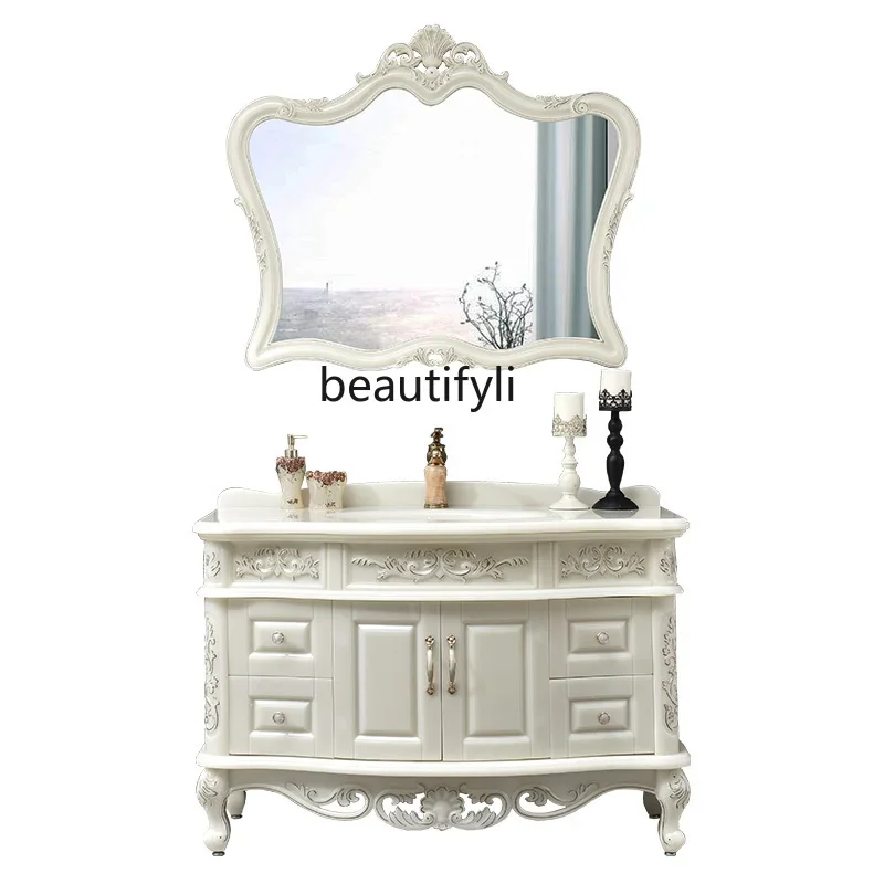 

European-Style Bathroom Cabinet Combination Light Luxury Bathroom Jade Stone Plate Washbasin Washstand Floor