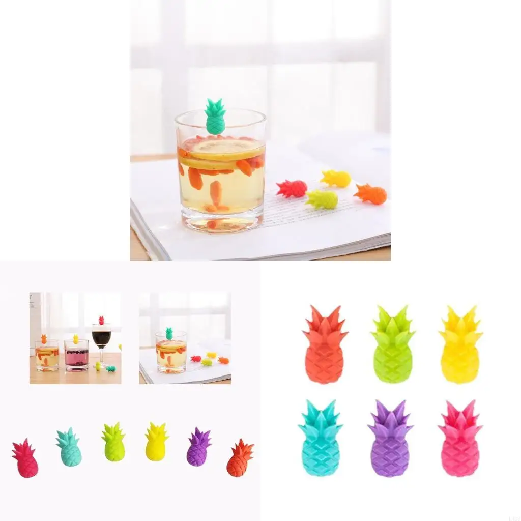 L43A Wine Glass Markers Set of 6 Pineapple Silicone Drink Glass Charms Tags Sign