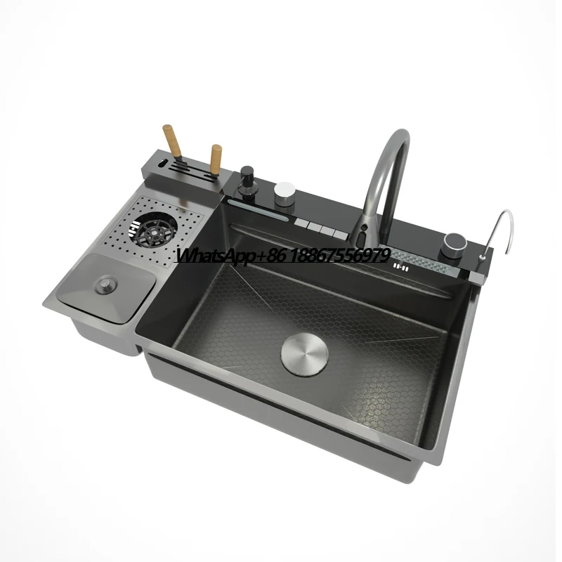 

New Trend Black Smart Kitchen Nano Honeycomb Stainless Steel Sink with Waterfall Faucet for Hotel Undermount Kitchen