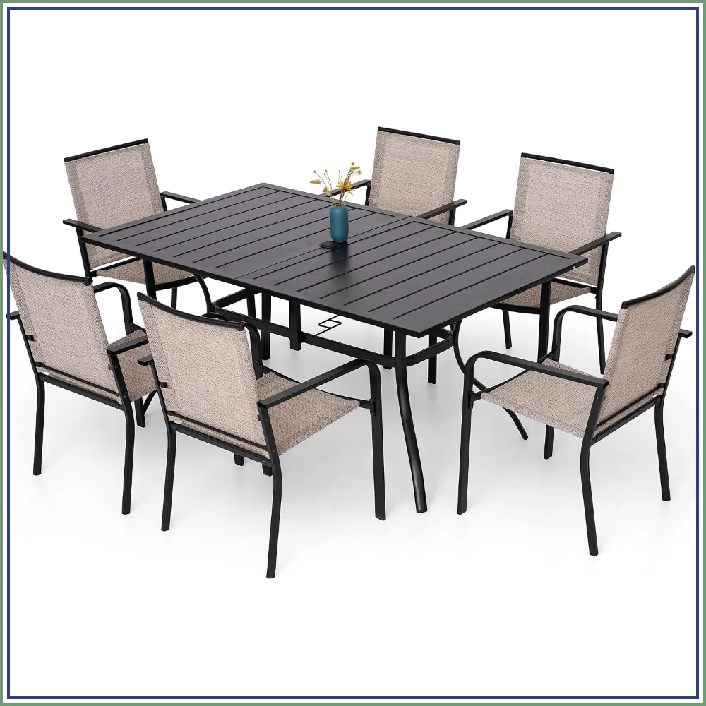 7-Pc Outdoor Dining Set, Steel Table + 6 Stackable Sling Chairs, 63x38 In, Beige