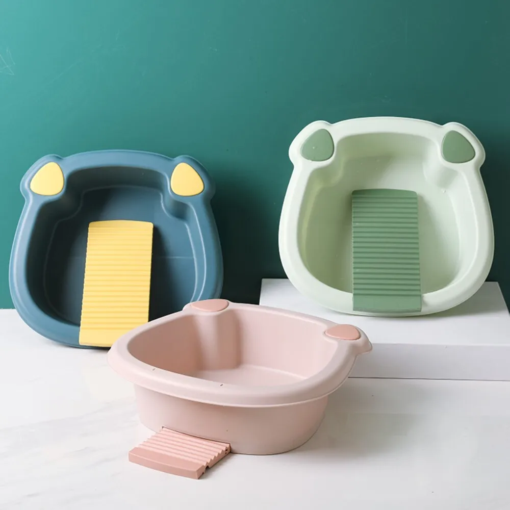 

Plastic Laundry Basin with Scrubbing Board for Household Baby Hand Washing Dormitory Use Solid Color Cute Design Wash Tub