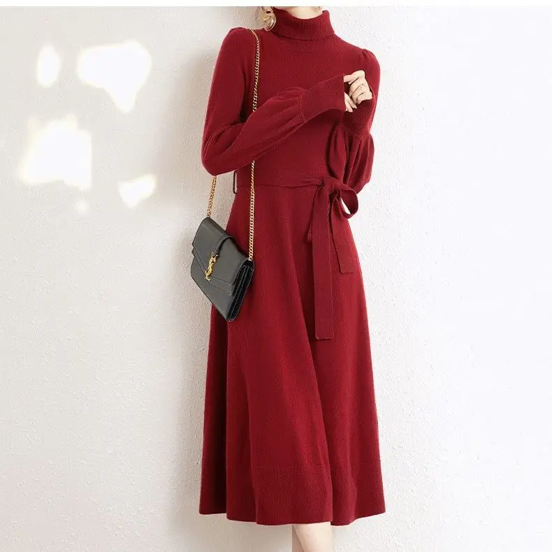 Design Turtleneck Sweater Dress Women's 2025 Autumn Winter Korean Chic New Knitted Dresses Loose Swing Long Sweater Vestidos