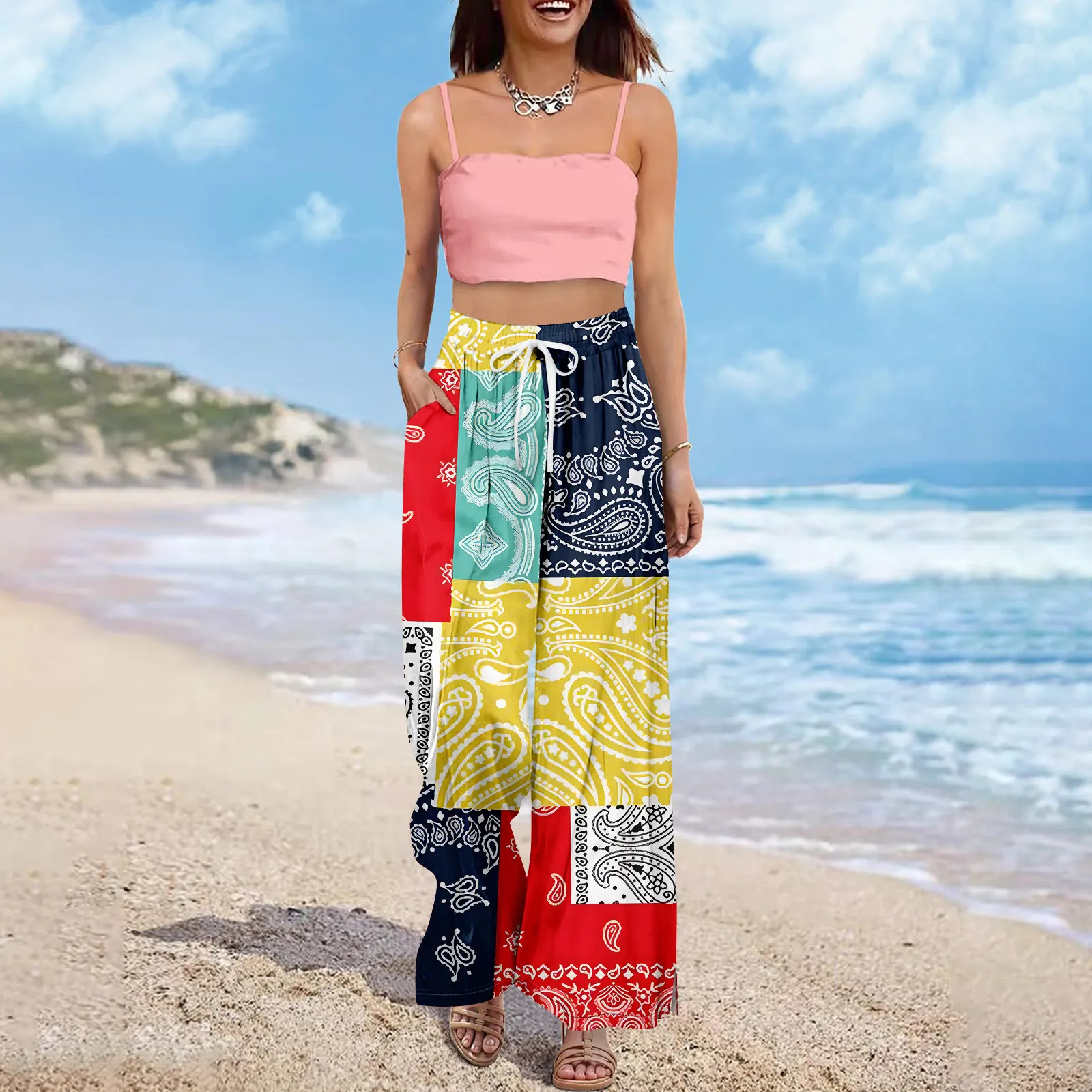 

Модные богемные повседневные брюки для женщин, летние брюки-палаццо в стиле бохо, широкие брюки с высокой талией, брюки с принтом в стиле ретро и карманами