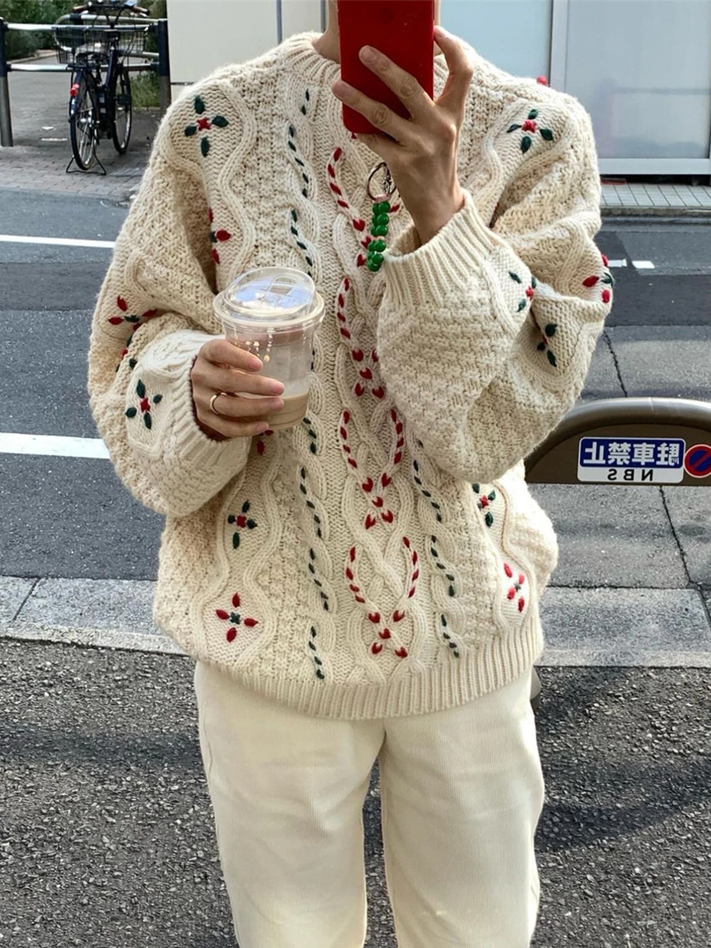 Retro pesado bordado thiened quente camisola de malha feminina outono inverno preguiçoso sle overhead floral estampado topo