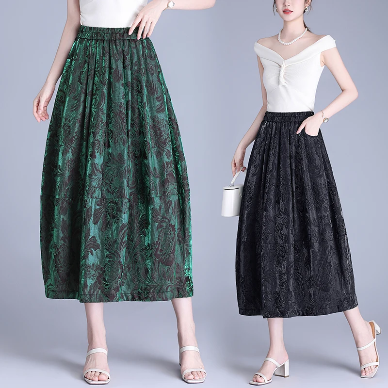 

Ultra-Thin Florentine Embroidery Midi Skirt Women's Summer New Style Pleated Maxi Draped Sensation Flower Bud Silkworm Type