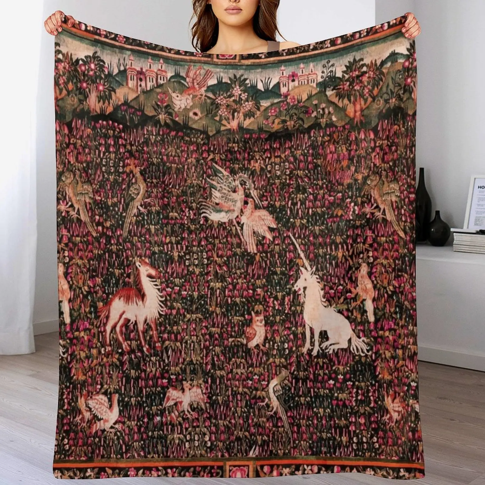 

UNICORN AND MEDIEVAL BESTIARY Forest Animals,Millefleurs Red Pink Green Floral Tapestry Throw Blanket Christmas blanket gift