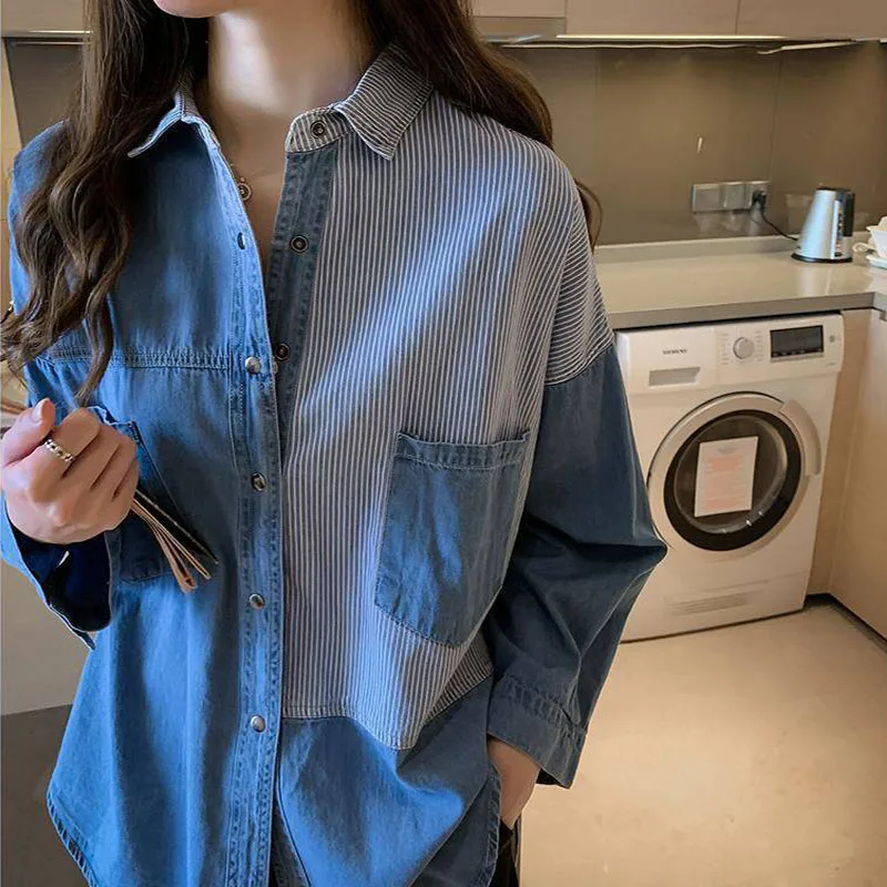 Women Fashion Patchwork Denim Shirts 2024 Spring Autumn Vintage Jean Blouse Korean Style Female Long Sleeve Single-breasted Tops