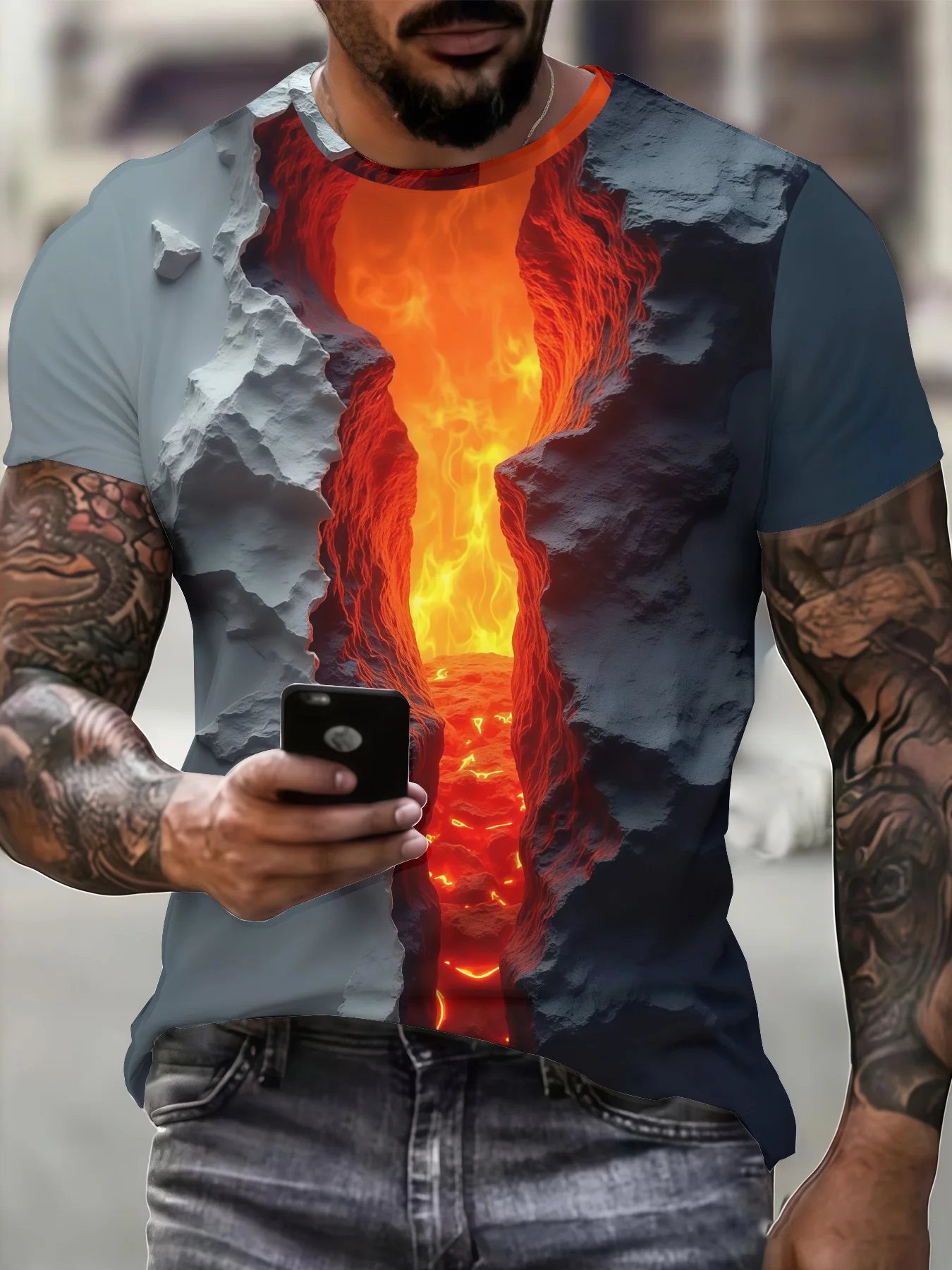 Men's 3D Crack Volcano Lava Print T Shirt Summer O Neck Short Sleeve Cool Abstract Graphic Streetwear Tee