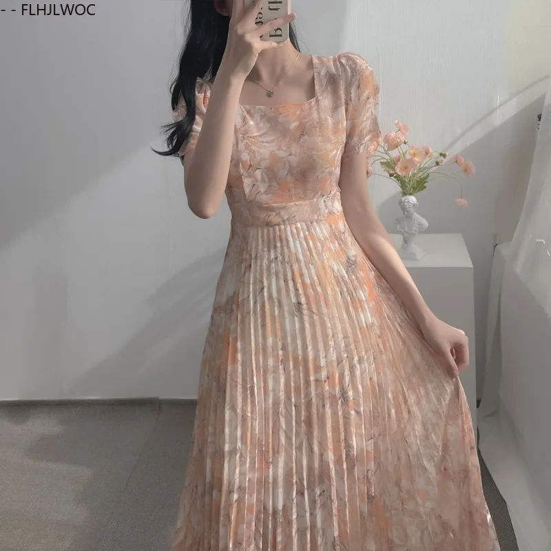 ชุดเดรสเก๋ๆเสื้อผ้าเกาหลีฤดูร้อนสตรีแขนสั้นคอสี่เหลี่ยมสาวญี่ปุ่นน่ารักลายดอกไม้พิมพ์ Retro Vintage วันที่ชุดยาว