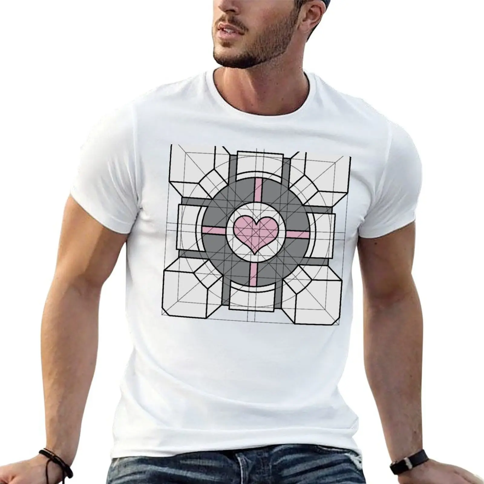 Companion Cube (Construction Box) T-Shirt oversize t-shirts man vintage anime shirt shirts graphic tee men
