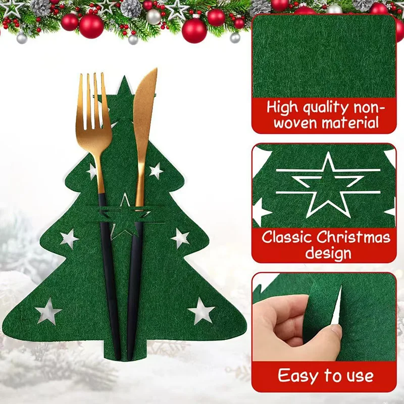 12pcs  Felt Christmas tree knife and fork mat, hollowed out star shaped cutlery mat, Christmas party table decoration