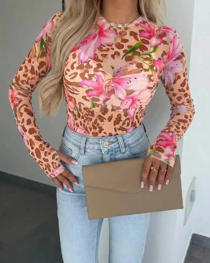 

Women's Top 2026 Spring Fashion Leopard Print Mesh Long Sleeve Top Sheer O-Neck Slim Fit Blouse for Casual Streetwear & Layering