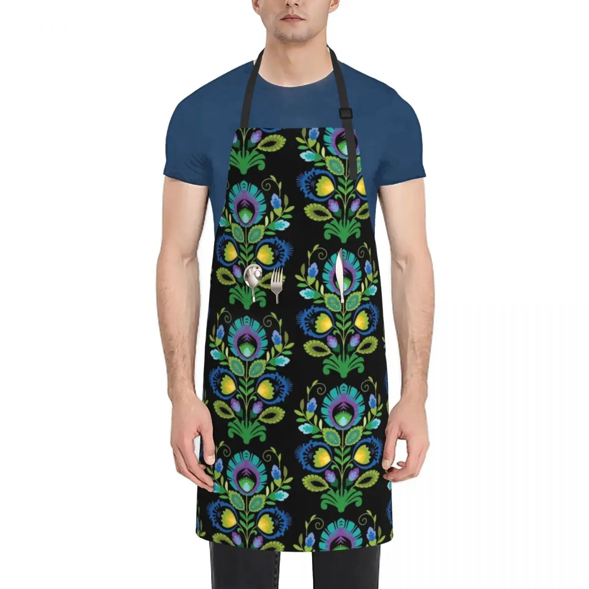 

Polish Folk Flowers Teal on Black Apron Household Items Kitchen Kitchen Chef Apron