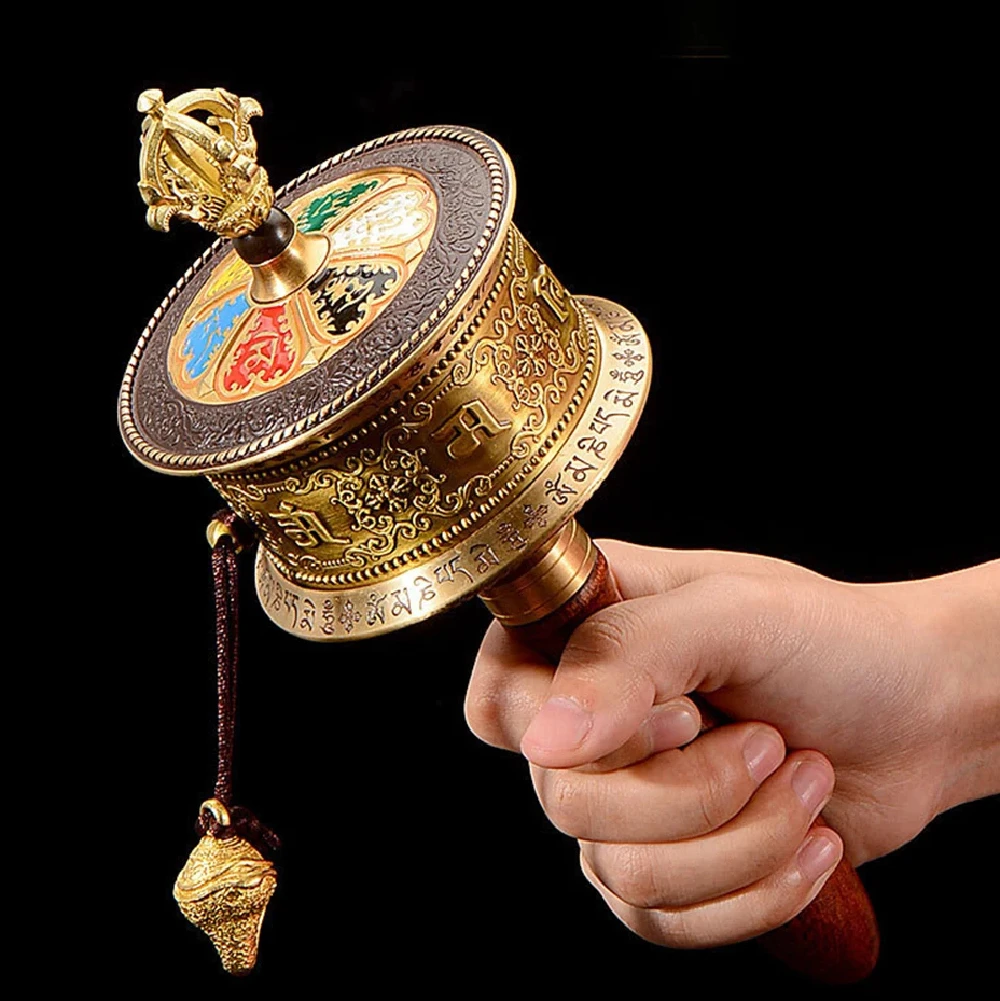 Tibetan Hand Cranked Prayer Wheel Six Character Mantra Noiseless Rotation Detachable Wooden Handle with Beads Portable