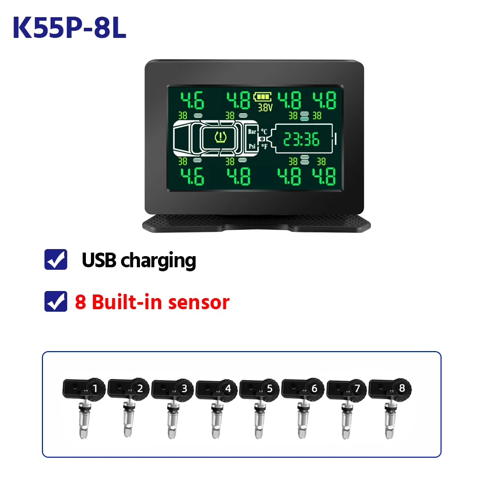 Vrachtwagen Auto Bandenspanningscontrolesysteem Solar TPMS 6/8 Interne en Externe Sensoren LCD Display Banden Alarm Monitor Auto Tester