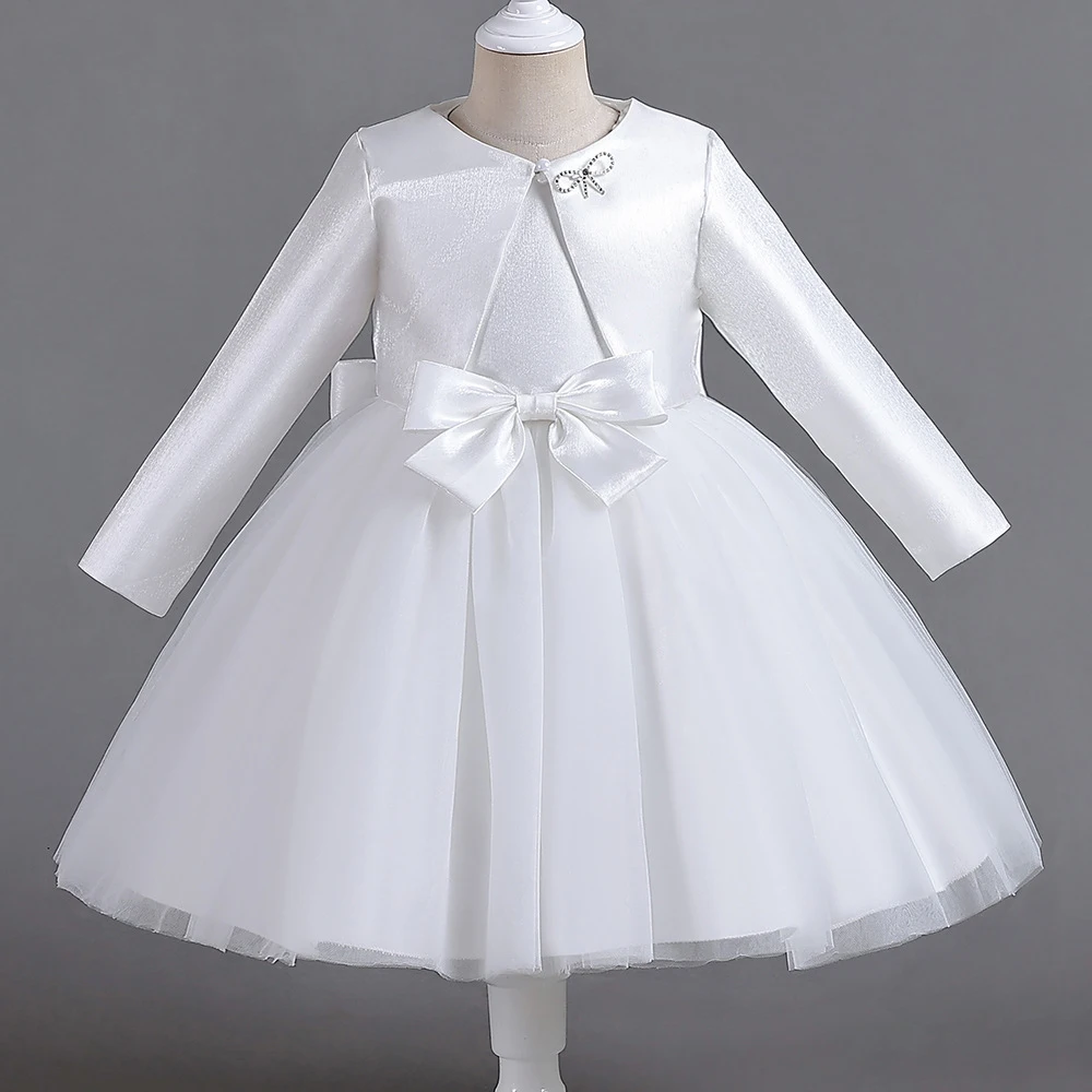 

Girls Mesh Casual Dress Children Gown+Coat 2 Pcs Sets Kids Evening Formal Communion Vestidos Princess Fashion Solid Bow Clothes