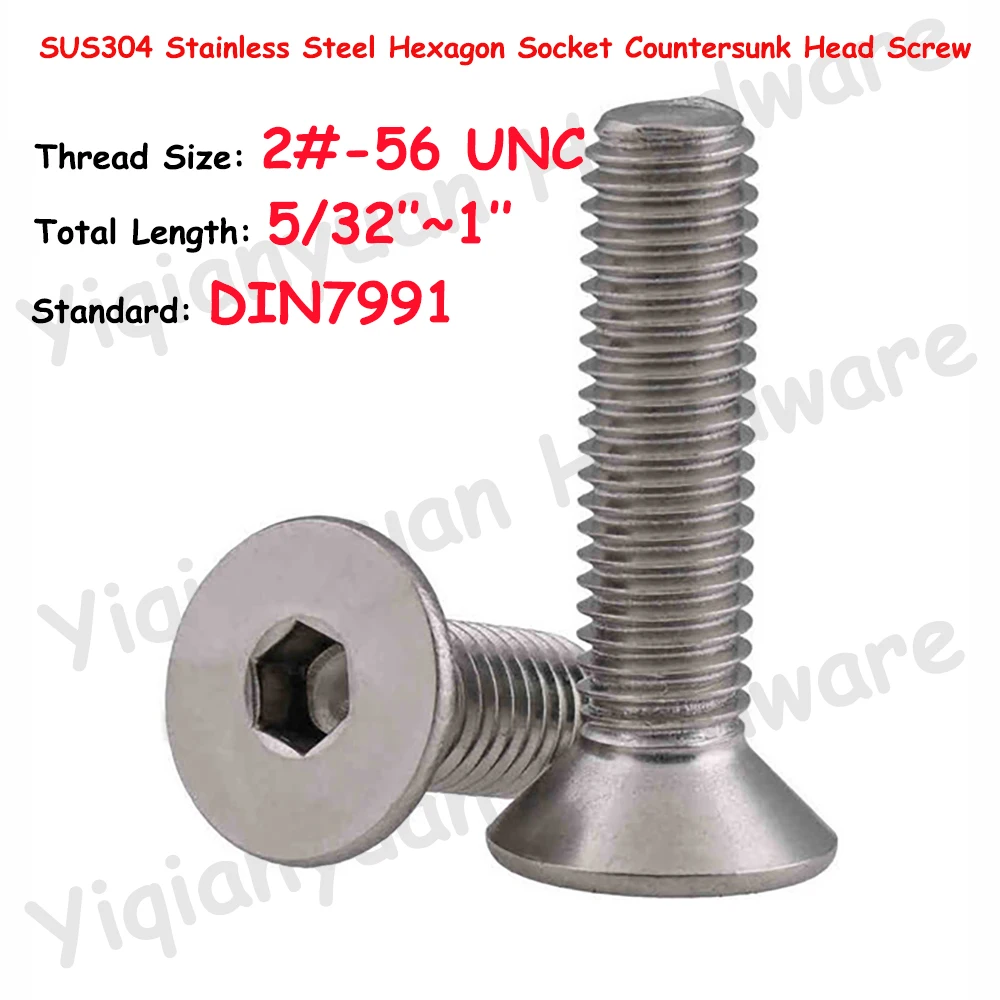 

2#-56 UNC Thread DIN7991 SUS304 Stainless Steel Hexagon Socket Countersunk Head Screws Allen Key Bolts Flat Hex Screw