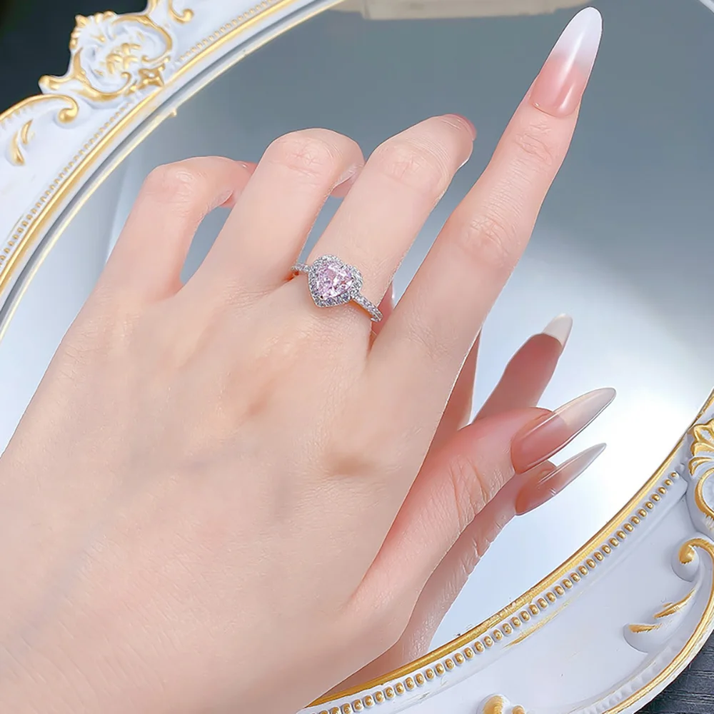 Romantic 100% 925 Silver 7*7MM Pink Quartz Heart-Shaped Ring for Women Gemstone Lab Diamond Wedding Party Fine Jewelry Lady Gift