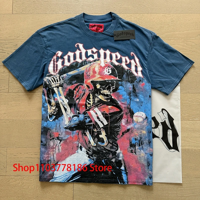 Wash Blue Godspeed T-shirt Tops High Street Vintage Skull Baseball Player Print Men Women Round Neck Short Sleeve Sweatshirt