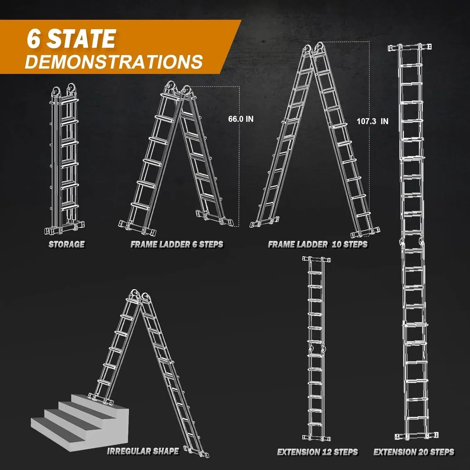 Soctone A Frame 6 Step Ladder Extension Ladder 22Ft Multi Position Ladder Removable Tool Tray Stabilizer Bar 330 Lbs Telescoping