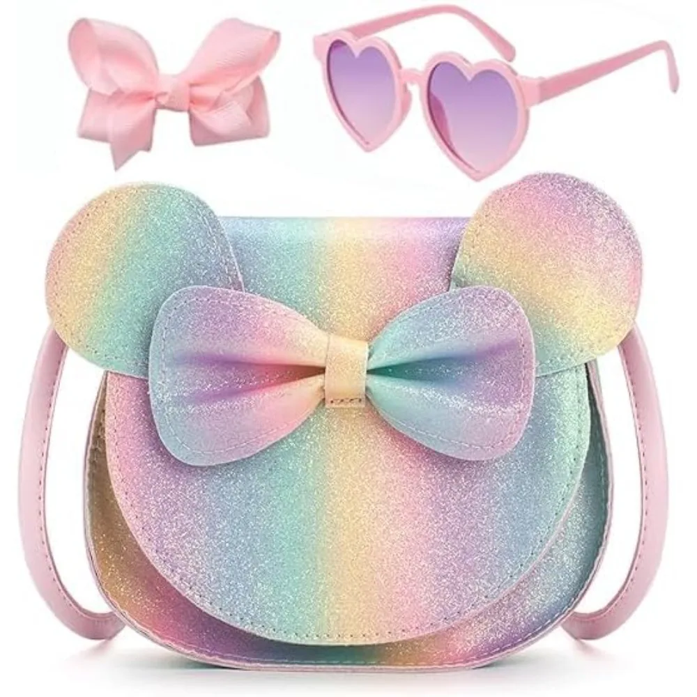 

Набор из 3 предметов: Детская сумочка с милыми ушками мышки, сумка через плечо, подарки для детей, сумочки, кошелек с ушками мышки, заколка для волос с бантом, розовые и фиолетовые солнцезащитные очки