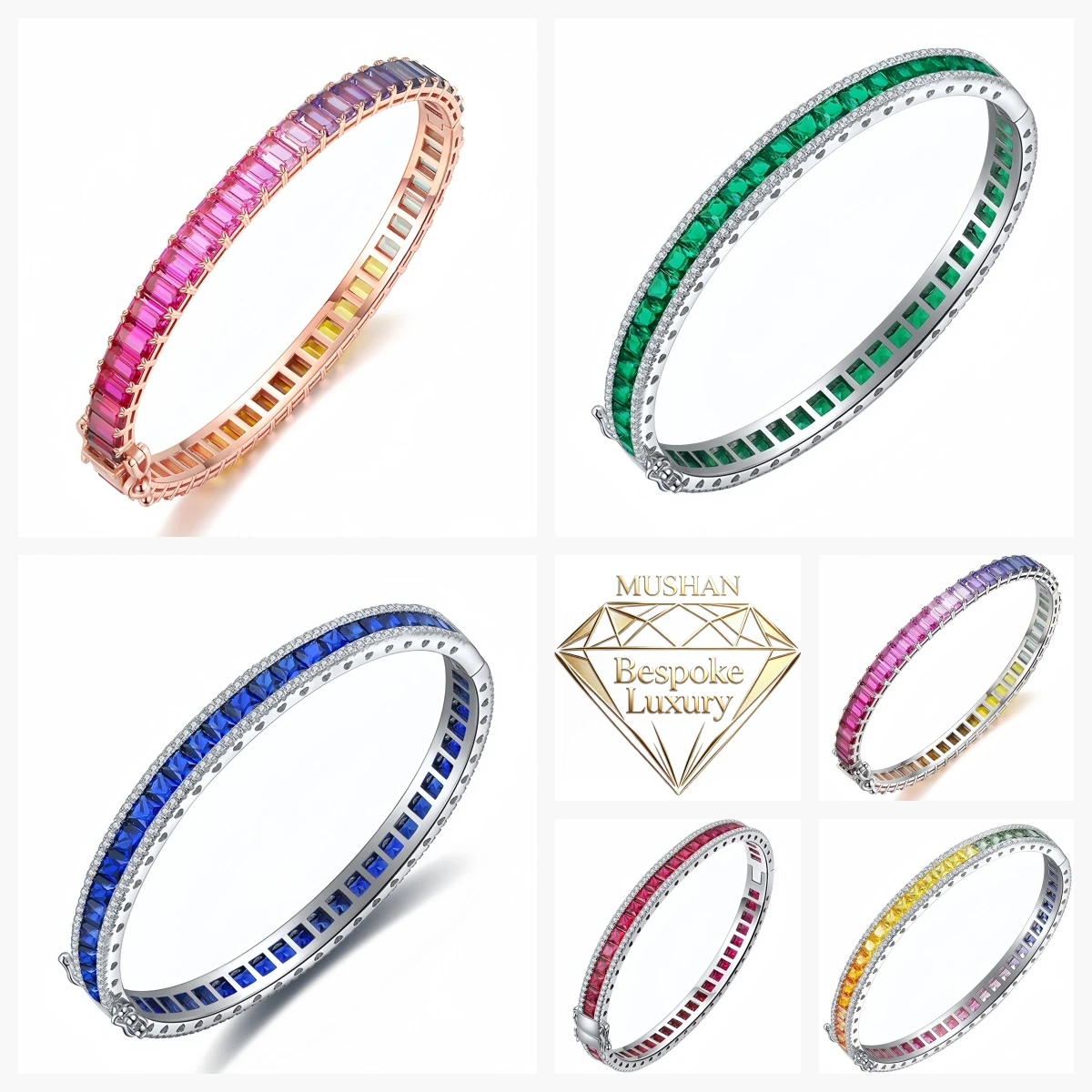 MUSHAN Bespoke Luxury Jewelry 925 Sterling Silver Bangles Bracelets Lab Grown Gemstones Ruby Emerald Sapphire Bangle For Women