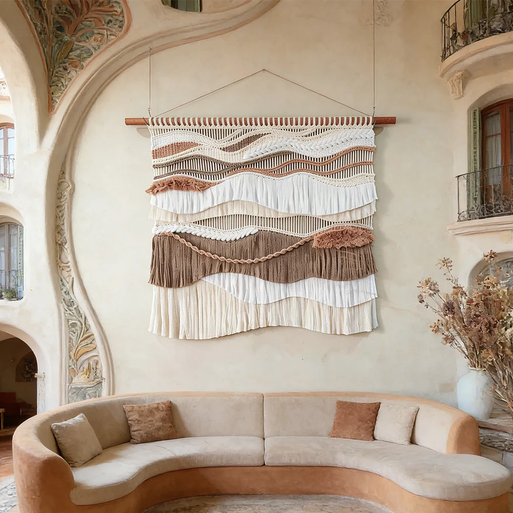 %ss Beige and Brown Gradient Macrame Wall Hanging Layered Wave Textile Sculpture for Boutique Hotel Lobbies & Atriums~*