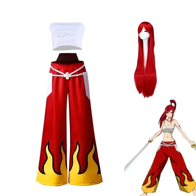 Cosplay Anime Cosplay Costume Cosplay Alosa Cos Women Japanese Anime Role Erza Scarlet Costume Pants White Tube Tops Red Cool Se