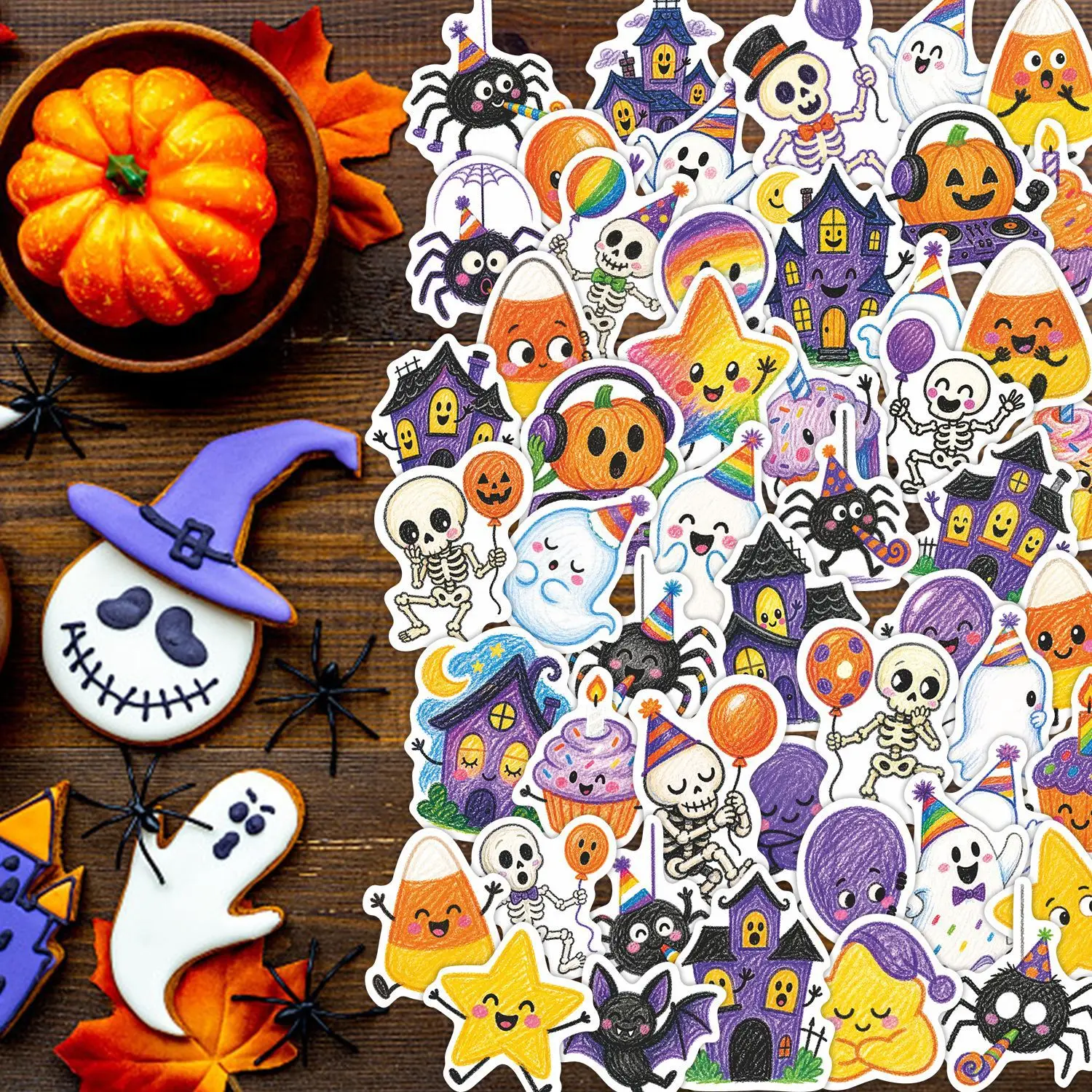 50Pcs Crayon Style Halloween Stickers Party Ghost Pumpkin Candy DIY Scrapbook Water Bottle Decoration