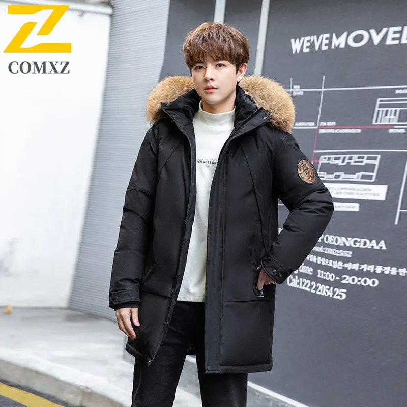 

COMXZ Luxury Men Long Down Jacket New Fur Collar Hood Commuting Office Lightweight Puffer Jacket Travel Warm Winter Windbreaker