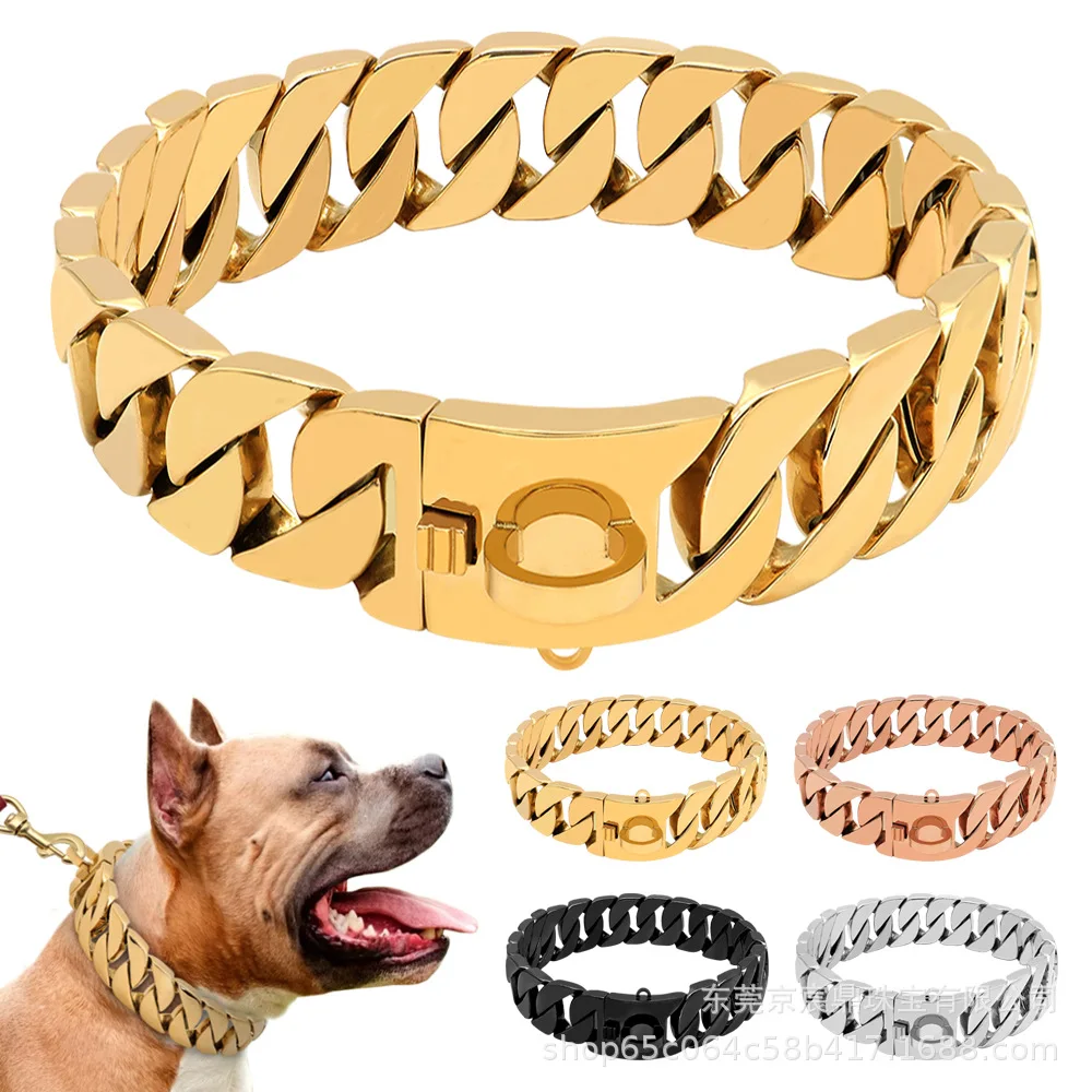 Heavy Duty 32mm Gold Cast Stainless Steel Titanium For Large Breeds Bully French Bulldog Walking Strong Pet Collar