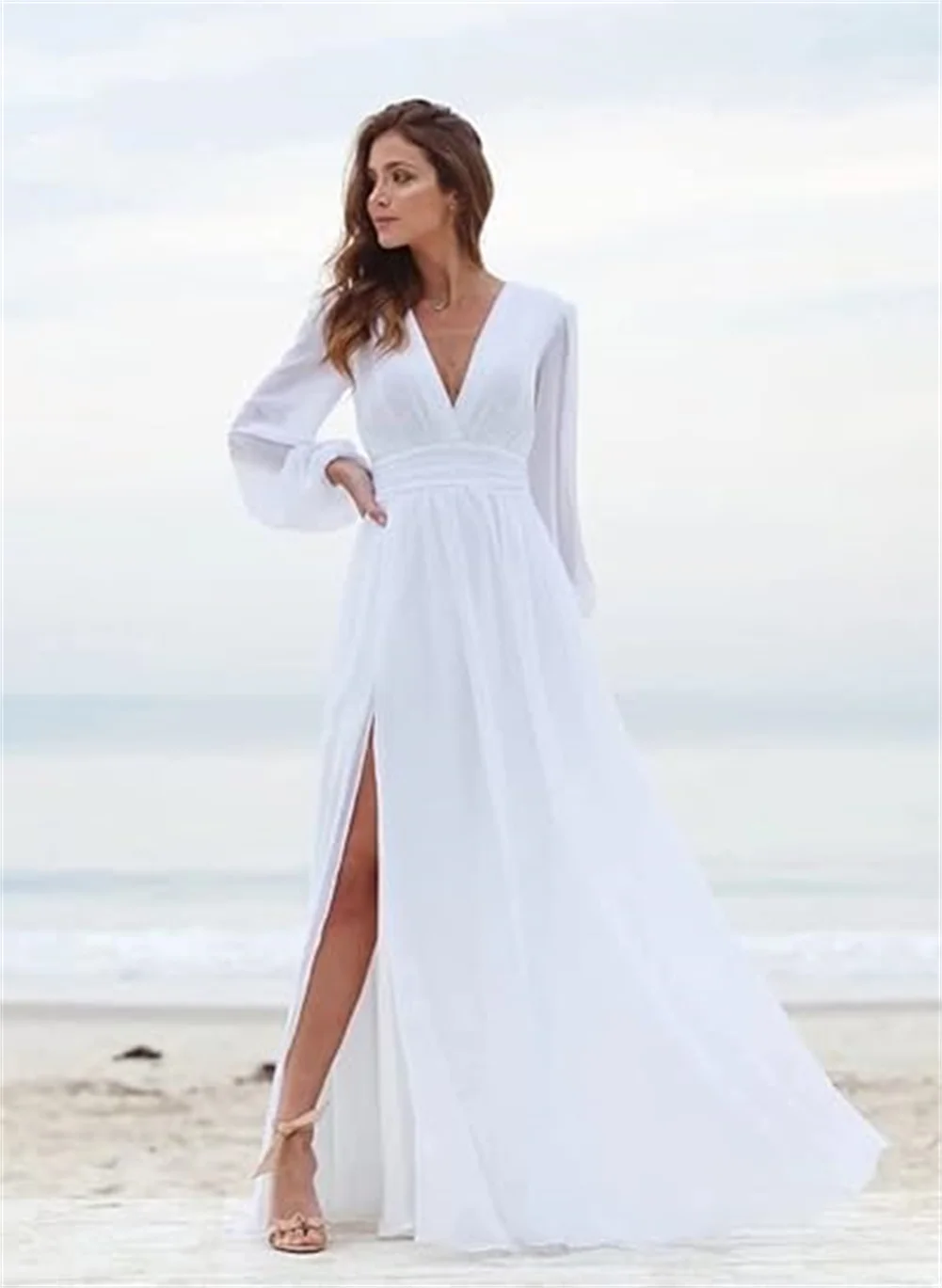 فساتين وصيفة العروس بأكمام طويلة ورقبة على شكل V لحفلات الزفاف بفتحة جانبية من الشيفون فساتين رسمية مثيرة طويلة للحفلات الراقصة مقاس كبير