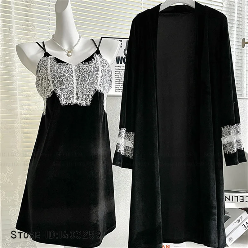

Autumn Winter New 2PCS Robe Nightgown Set Women Velvet Sleepwear Home Clothes Sexy Lace Lingerie Nightdress Black Velour Pajama