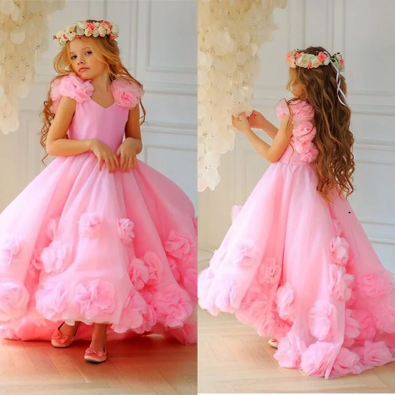 Lovely Pink Tulle Flower Girl Dresses For Weddings  3D Floral Appliques Short Sleeves Birthday Party First Communion Gowns