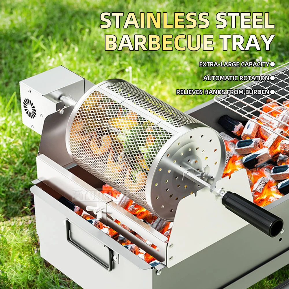 Okrągły kosz do grillowania na kemping, grill rolujący, cylindryczny automatyczny grill obrotowy, siatka do grillowania.