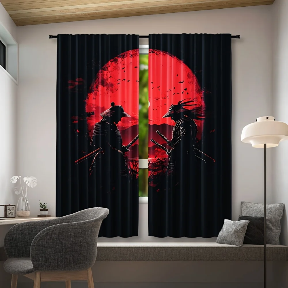 Japanese Samurai Couple Red Moon Curtain Pair for Living Room Home Decor Window Drapes