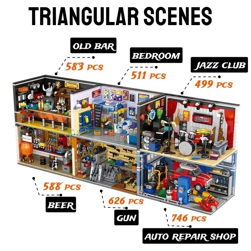 street-view-triangular-scenes-building-blockscreative-auto-repair-shopjazz-clubbeer-bar-model-ornament-diy-toy-kid-adult-gift