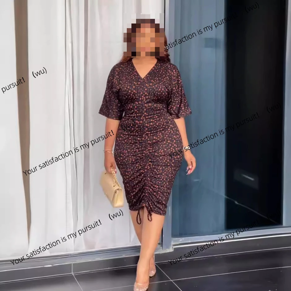 

S10806 European and American printed V-neck drawstring waist elastic hip-wrapped dress