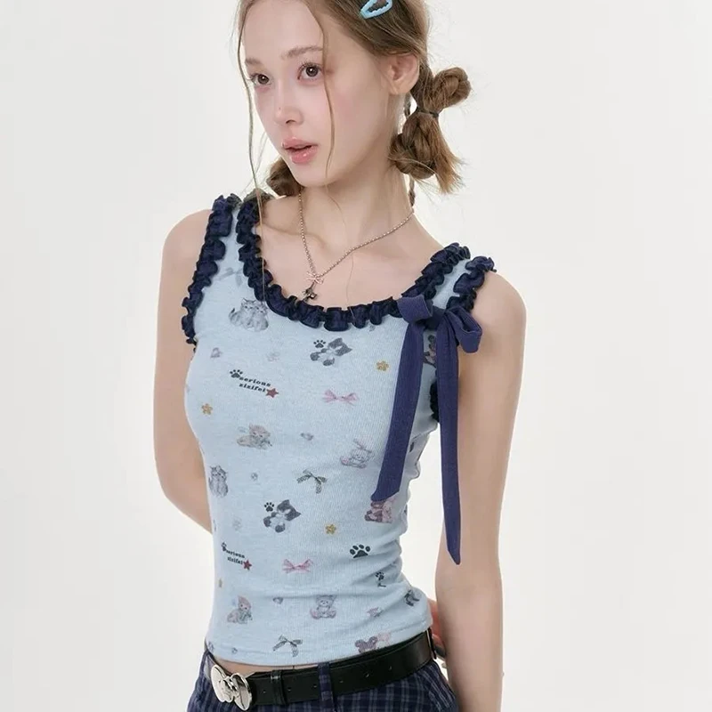 Sweet Preppy Vest Women Summer Cartoon Print Slim Fit Kawaii Bow Camis Tanks Japanese Cute Casual Ruffles Patchwork Harajuku Top