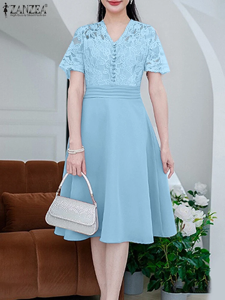 

ZANZEA Elegant Woman Lace Patchwork A-line Dresses V-Neck Short Sleeve Fitted Waist Knee-Length Vestidos Pintuck Robes Femme