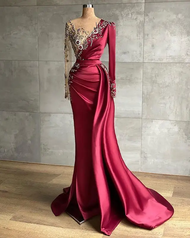 Beijo vestido luxuoso árabe borgonha sereia vestidos de noite 2022 cristais frisados sheer neck baile formal festa de formatura vestidos de recepção