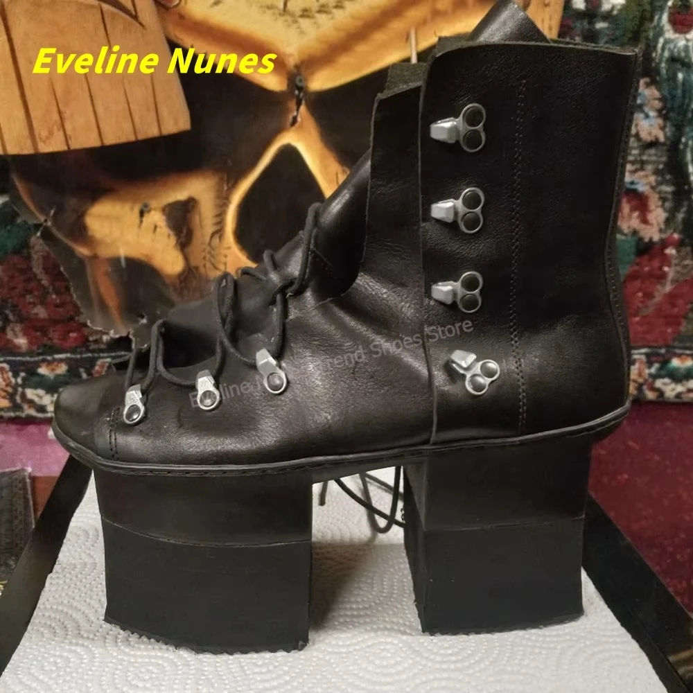 Y2K Punk Cross Tied Platform Boots Women Square Toe Lace Up Metal Eyelets Super Thick Block Heel Gothic Street Style Footwear