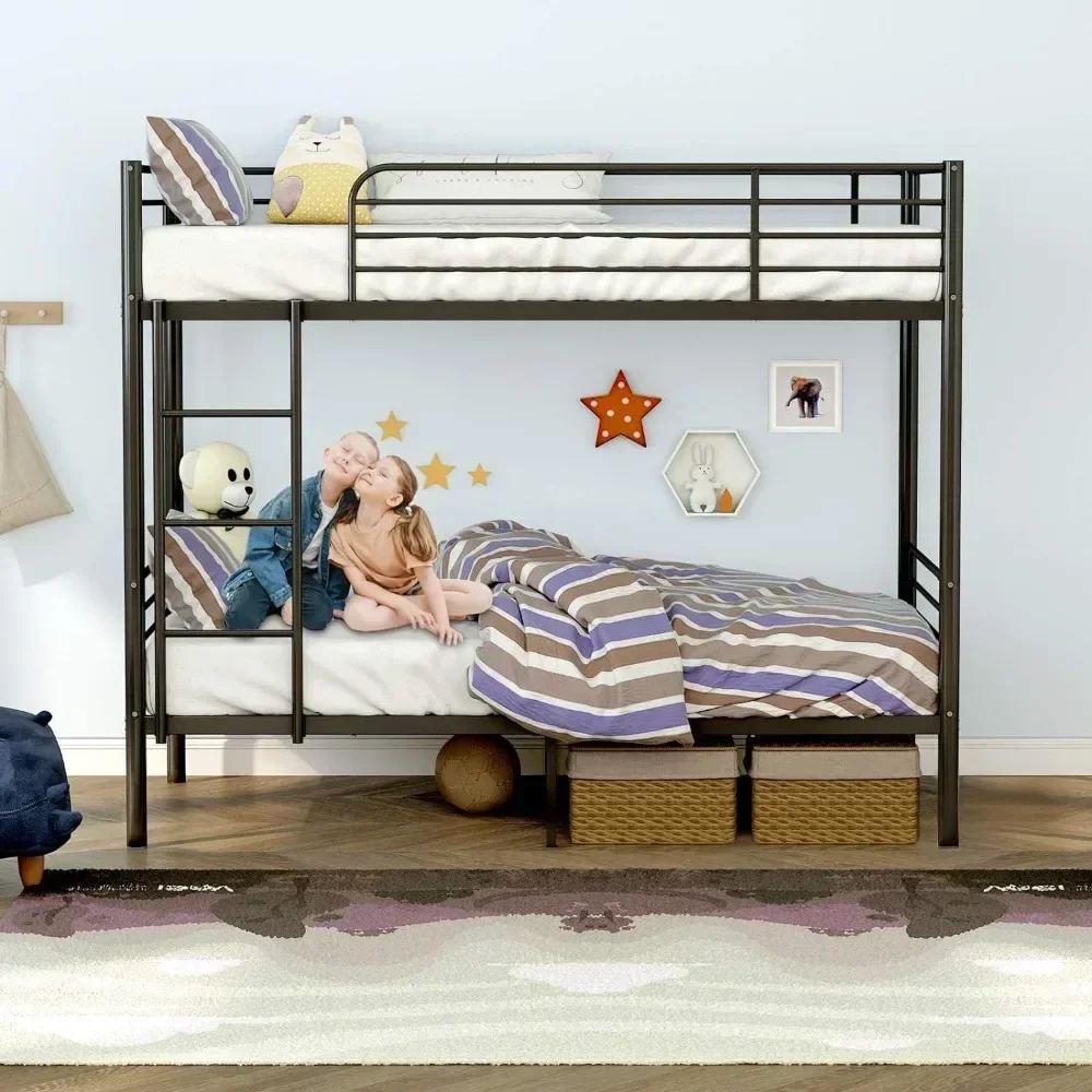 Bunk Beds Twin Over Twin, Twin Bunk Beds with Removable Ladder and Safety Guard Rail, No Box Spring Needed, Bedroom Furniture