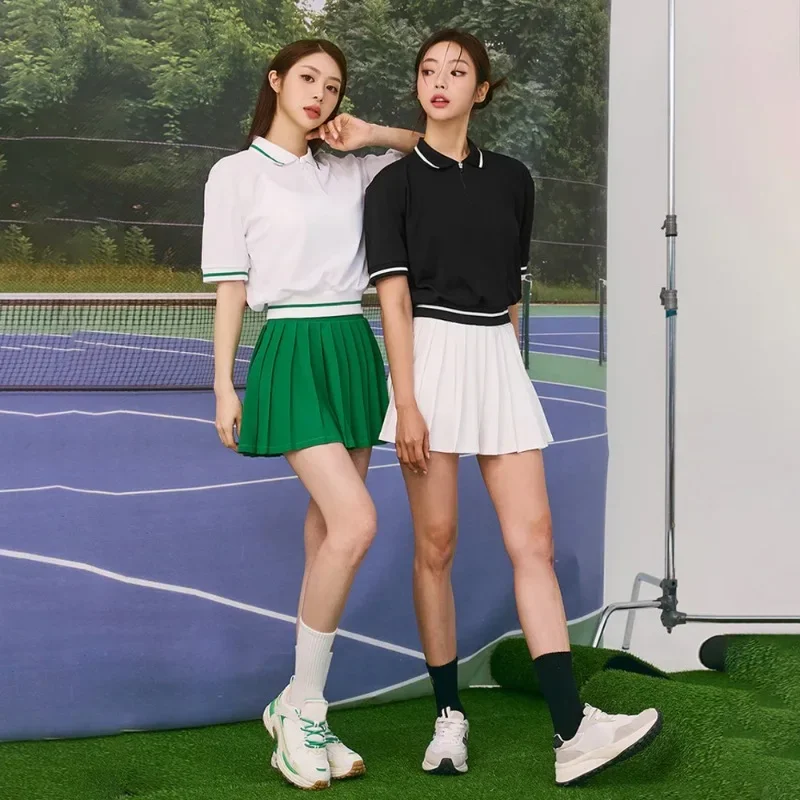 Tennis Outfit Women POLO T-shirt Pleated Skirt Golf Wear Sportswear Woman Gym Active Wear Korean Style Casual Outfit Summer 2025