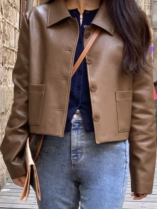 Rétro revers bouton unique cuir Jaet femmes Chic Faion haut de gamme Sensation polyvalent Jaet haut à la mode Long Sve Synthe...