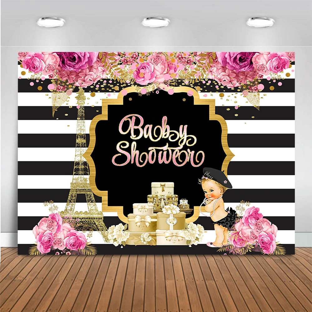 Fondo de Torre Eiffel para Baby Shower Mocsicka, telón de fondo de fiesta rosa para niña, decoración de pastel a rayas blancas y negras, estudio fotográfico
