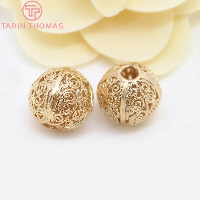 (2932)4PCS 17MM 24K Gold Color Plated Brass Round Hollow Spacer Beads Bracelet Beads High Quality Jewelry Accessories